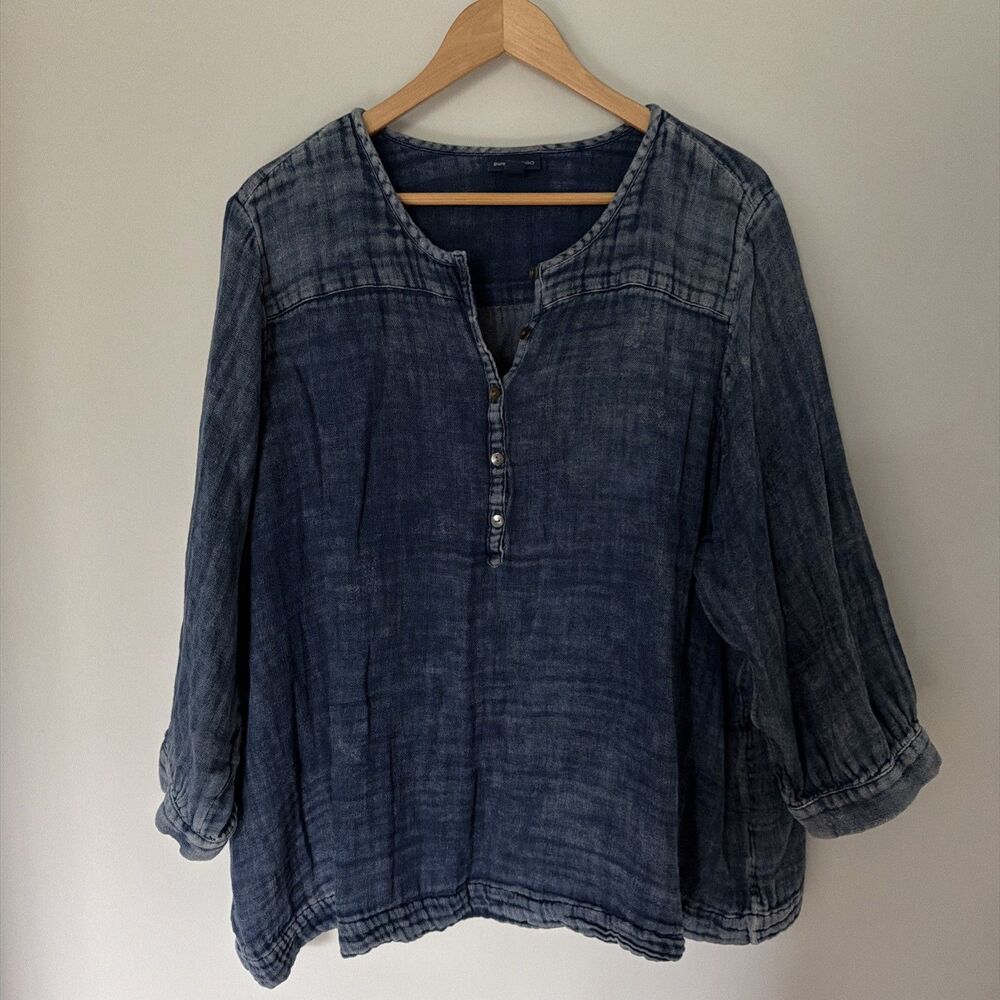 Pure Jill Indigo Henley Button Tunic Lagenlook Size 2X Pintuck Boho 3/4 Sleeve